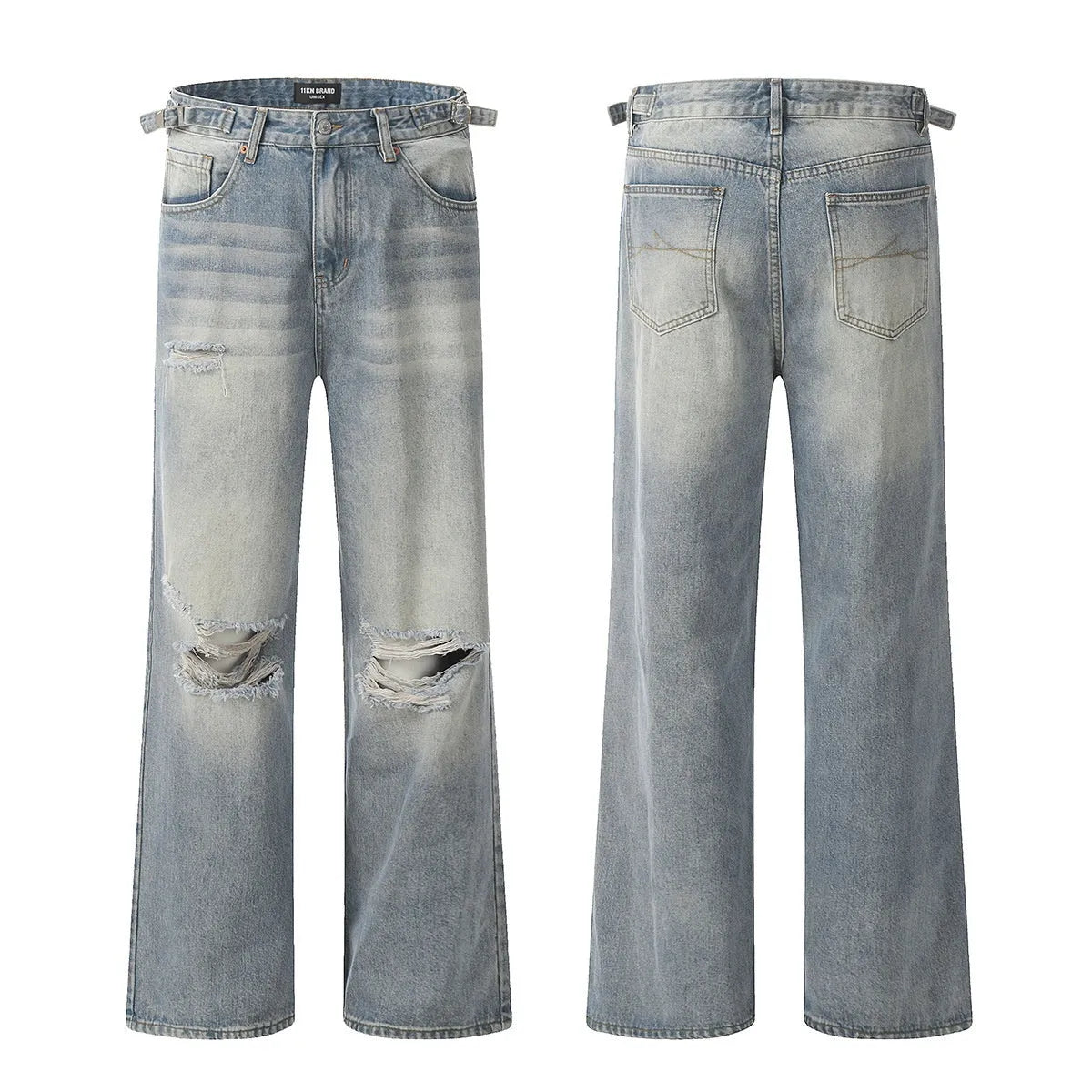 Blue men's straight-leg jeans with ripped detailing on a cotton blend fabric
