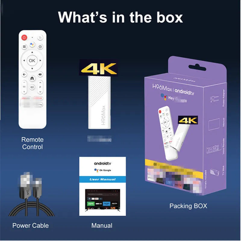 H96Max H313 set-top box with voice remote control and HDMI cable on a table