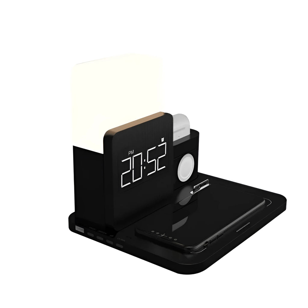 A dark green 3-in-1 Qi wireless charging stand holding a phone, with slots for a smartwatch and earbuds case.