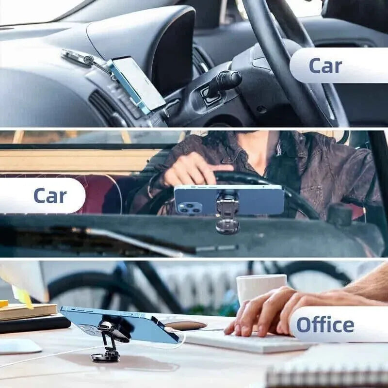 Chrome folding magnetic car phone holder mounted on a dashboard, showing 360-degree rotation.