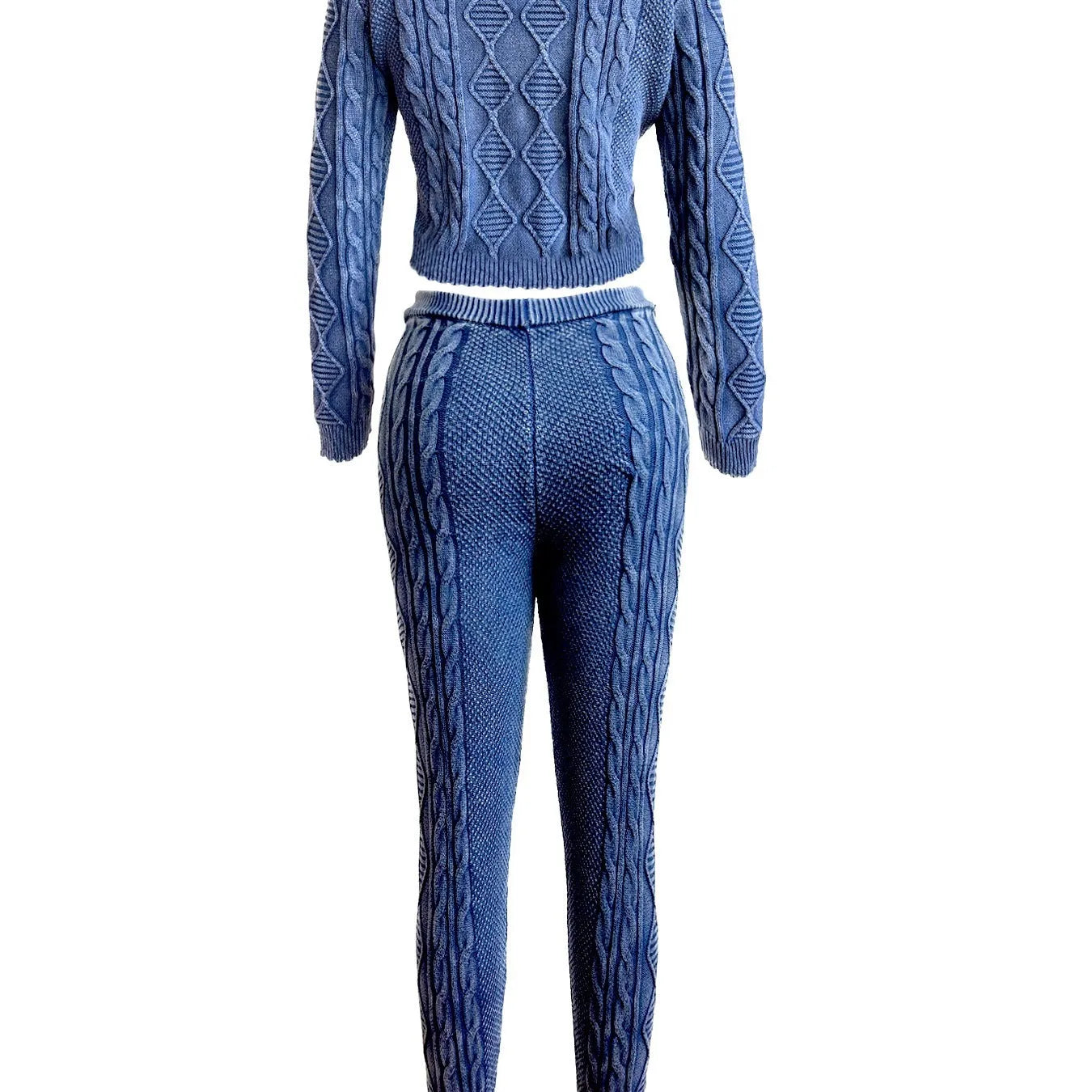 Women's cotton knit diamond pattern cable sweater set with long sleeves and matching trousers in brown