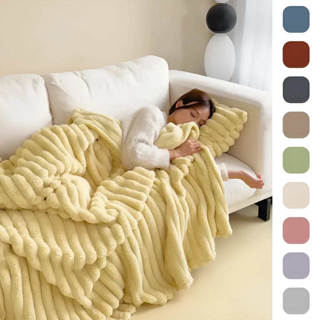 Soft bubble faux rabbit fur blanket in blue, double-sided thickening, polyester fibre throw with solid colour pattern.