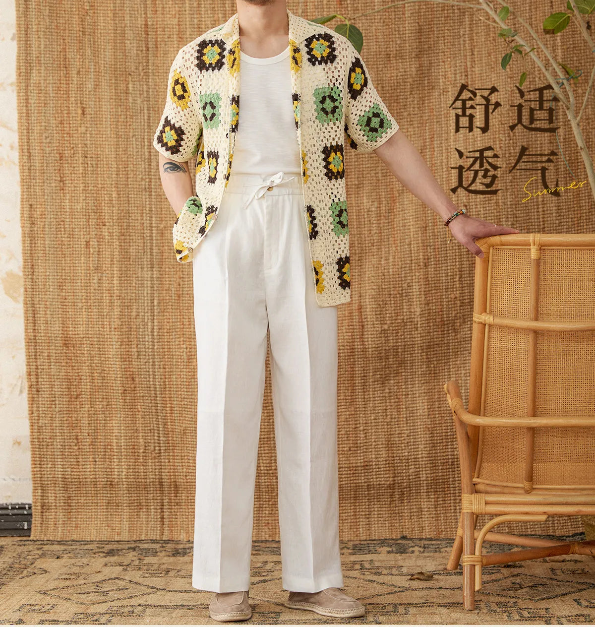 Women's high-waist linen trousers in greige colour with a straight-leg cut and elasticated waistband.
