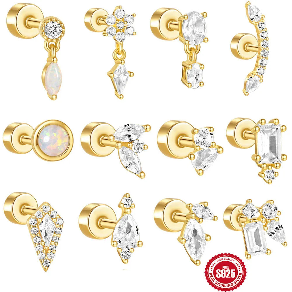 S925 sterling silver flat column ear bone stud in a gold tone colour on a white background.