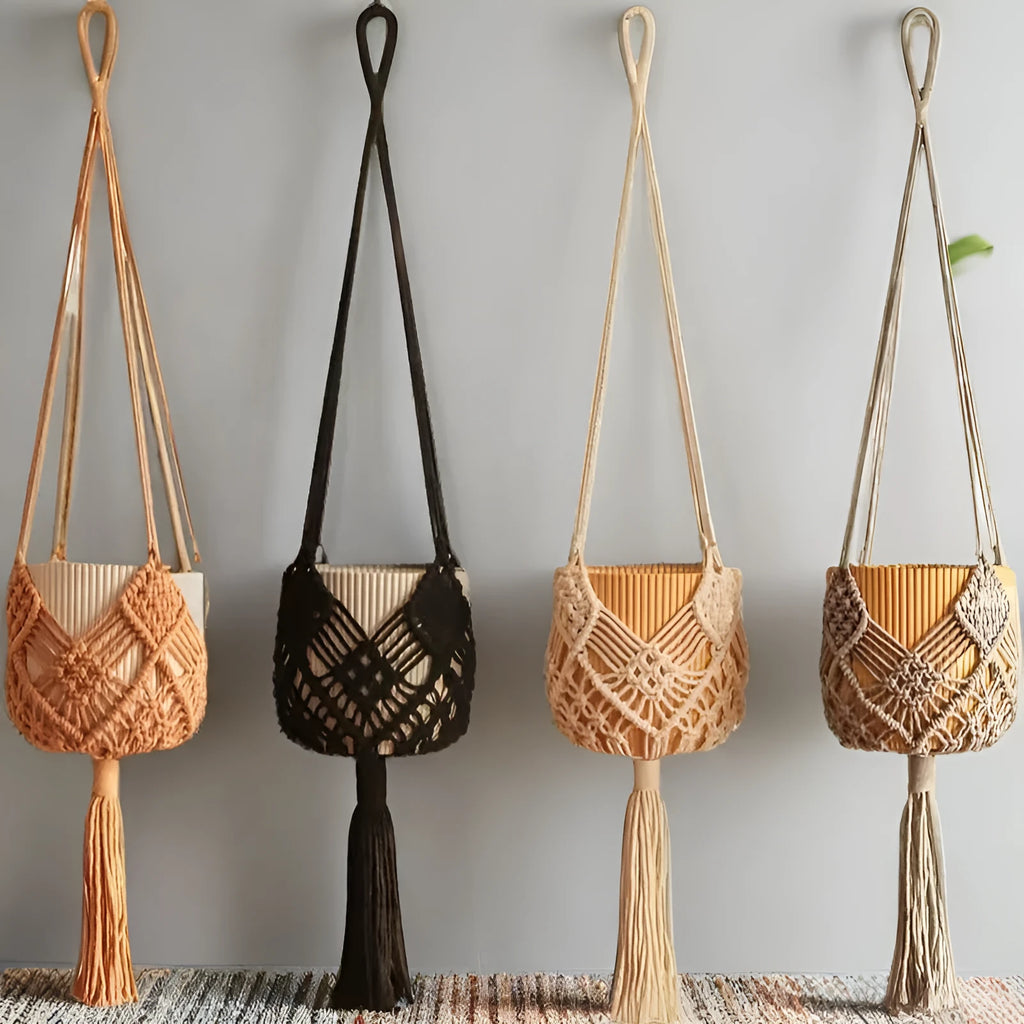 Hand-woven flower pot net pocket extension cord in brown polyester cotton