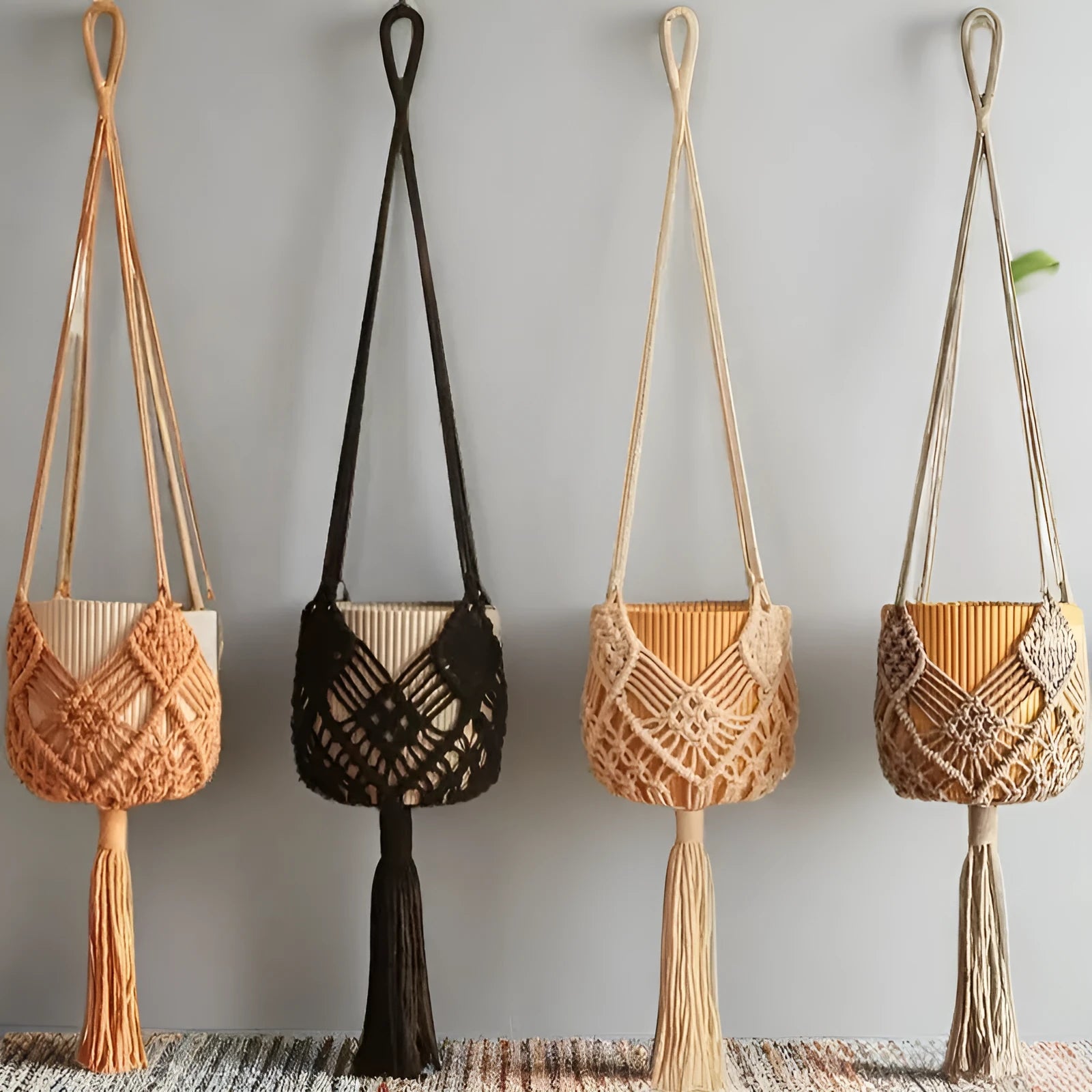 Hand-woven flower pot net pocket extension cord in brown polyester cotton