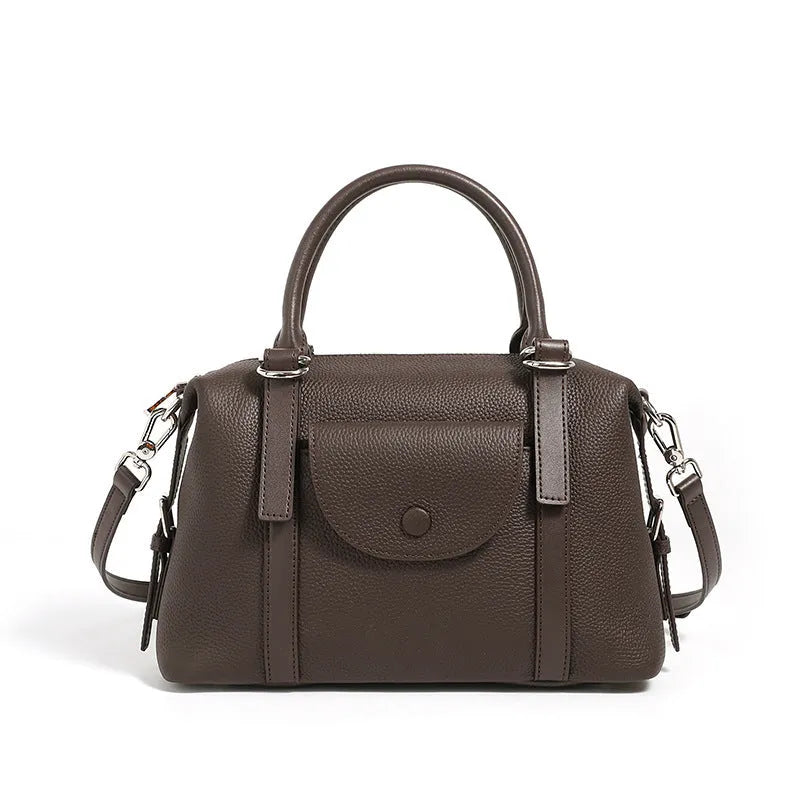 Genuine leather ladies handbag with contrast stitching and lock detail in street-trend style
