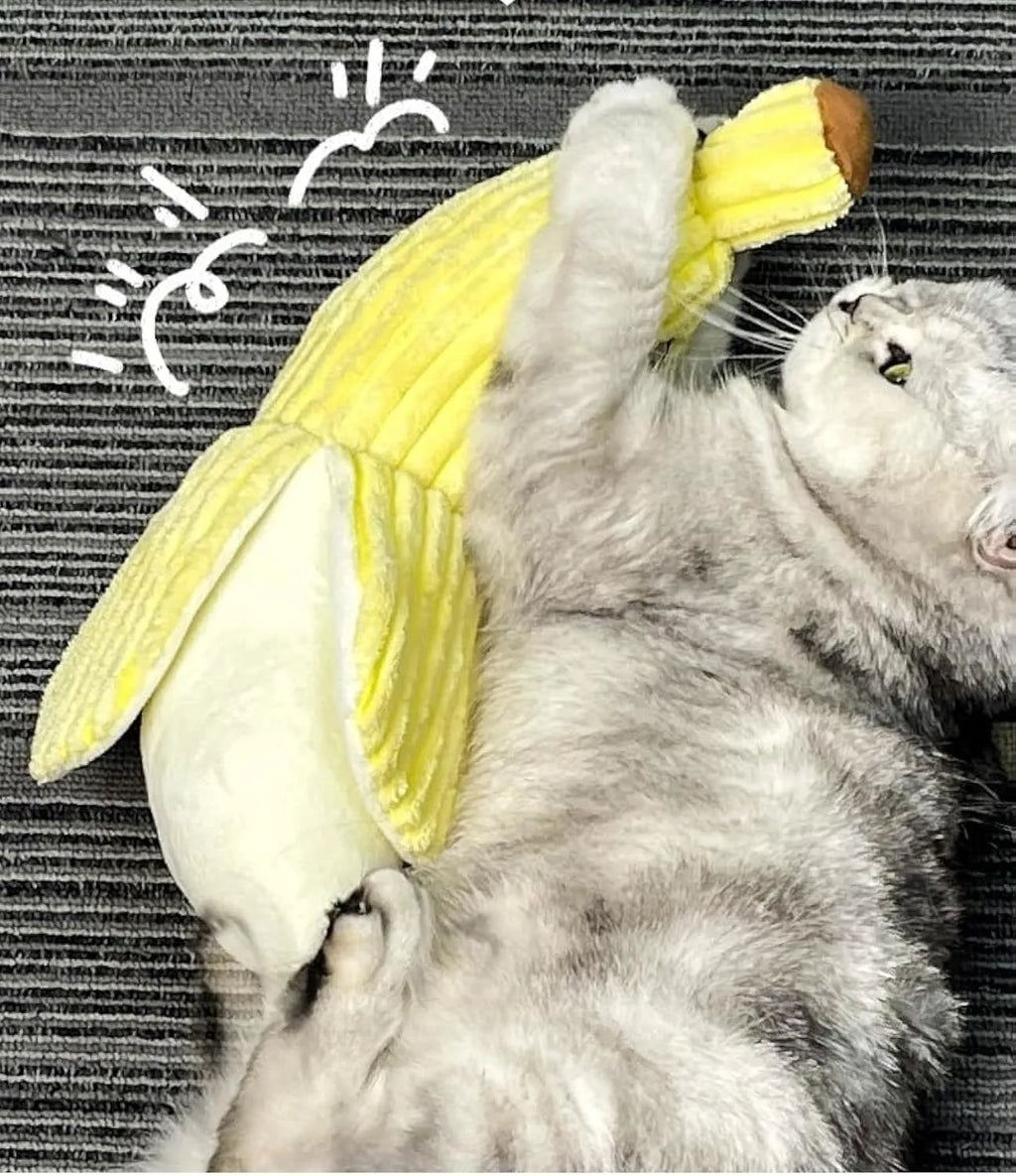 Yellow banana-shaped cat crinkle toy with plush fabric on a plain background.