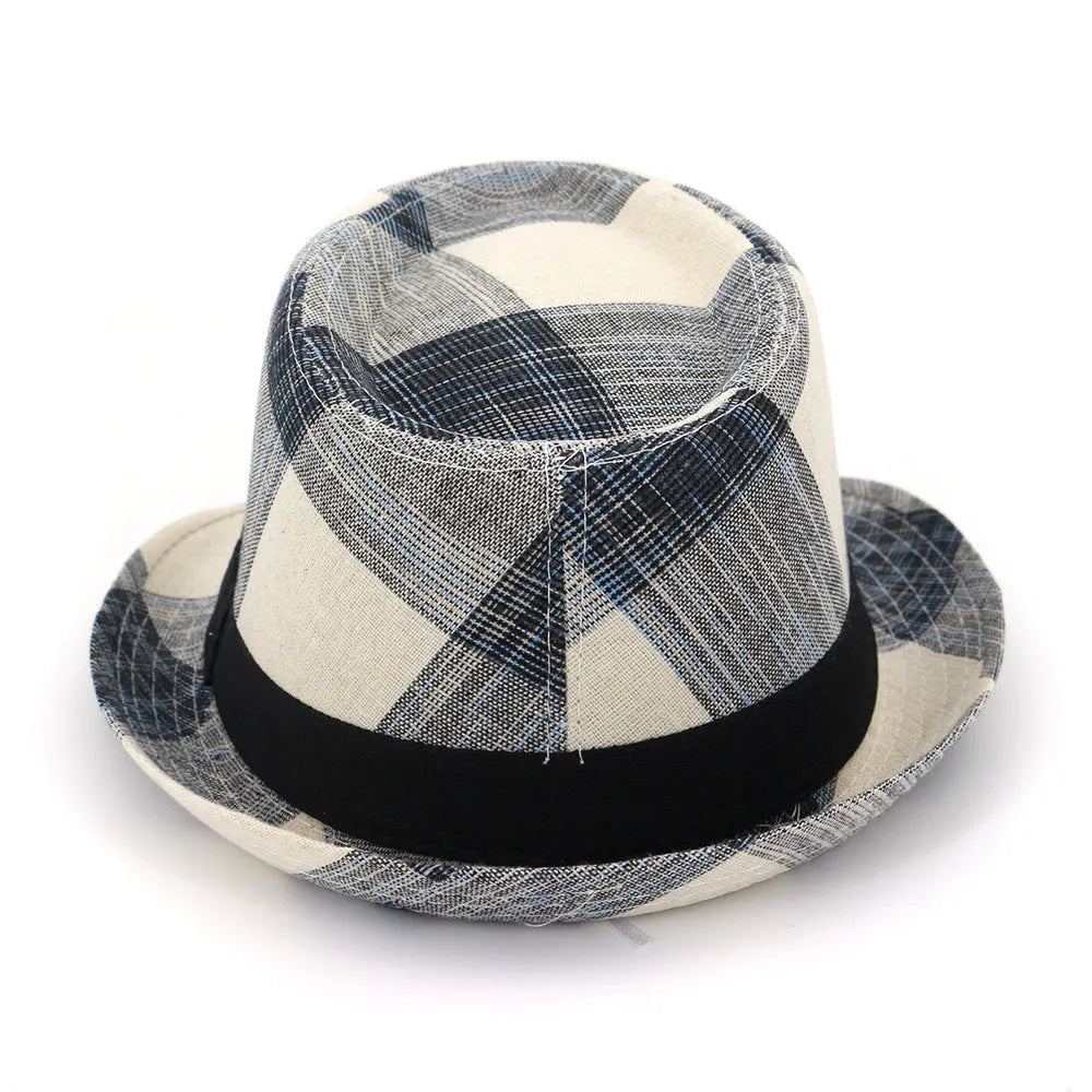 Blue and black polyester straw hat with bell-shaped crown and 4.5cm brim for sun protection