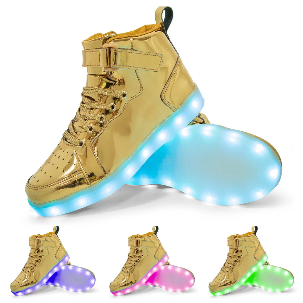 LED light-up high-top sneakers in black with velcro strap and glowing soles.