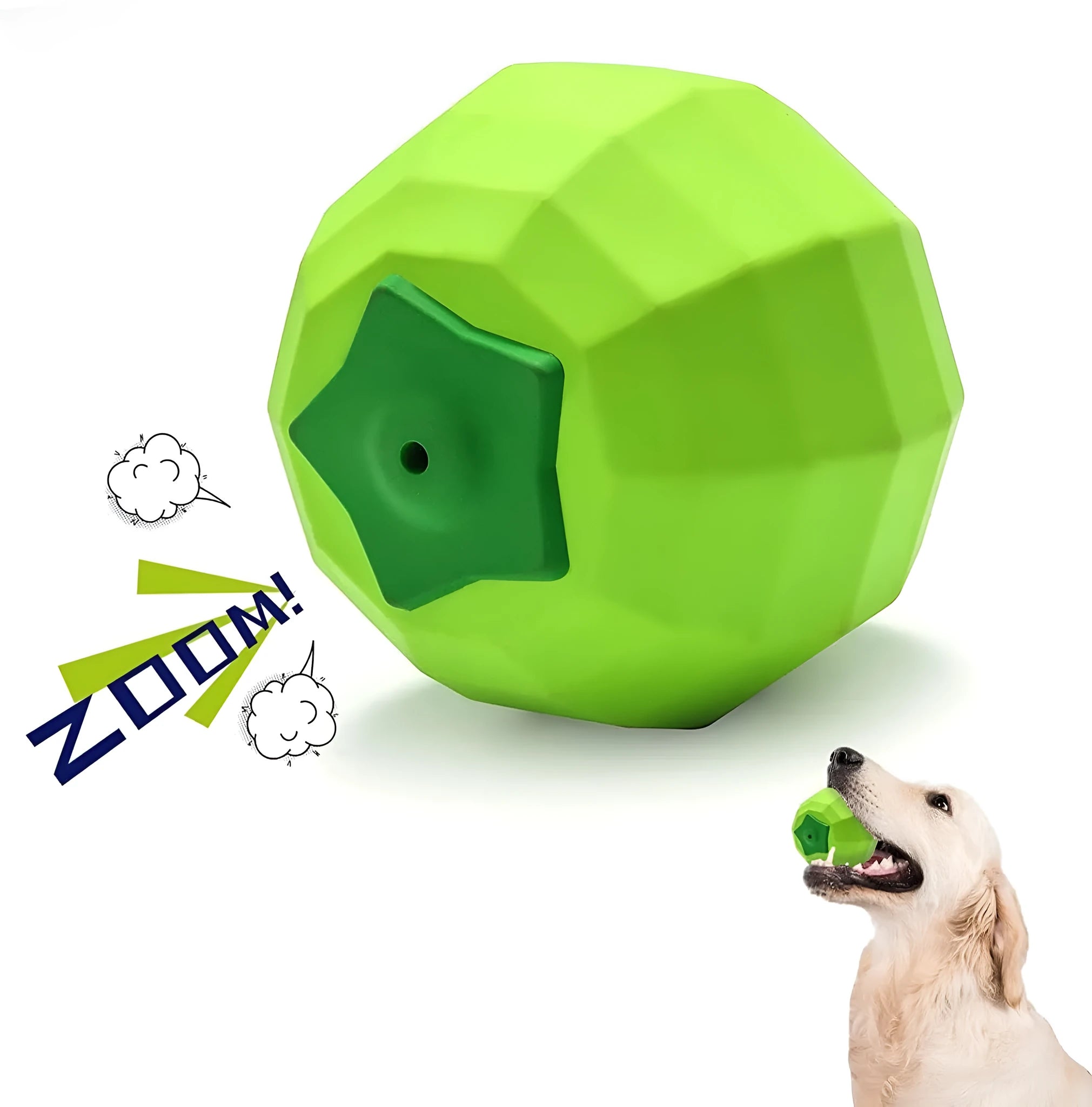 Green natural rubber squeaky dog toy for aggressive chewers, shown with dimensions.
