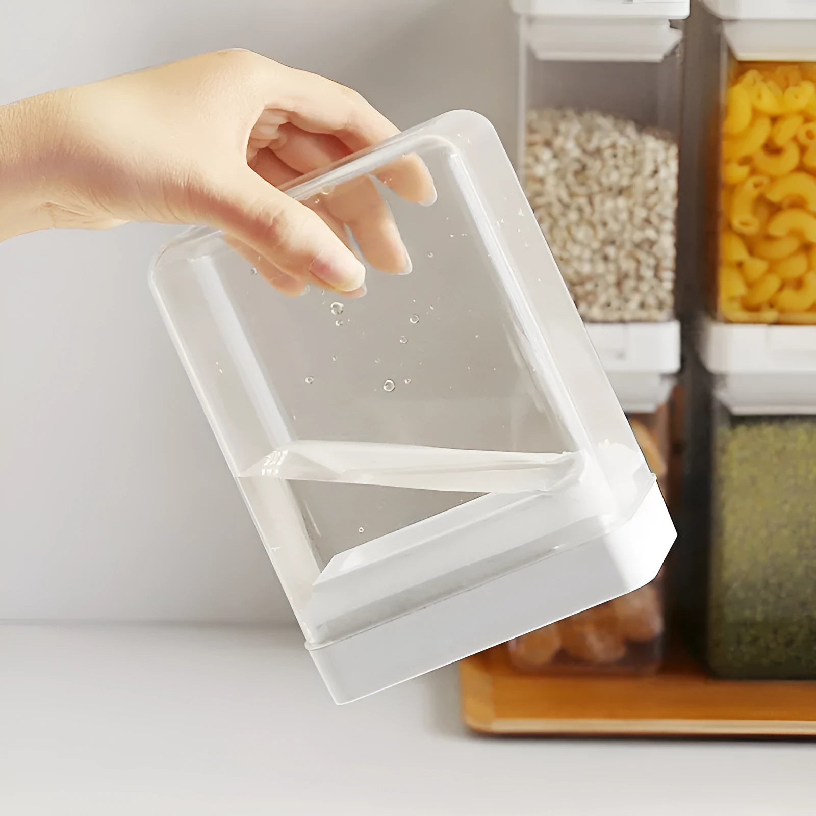 Transparent white plastic storage container for grains with 400ml capacity.