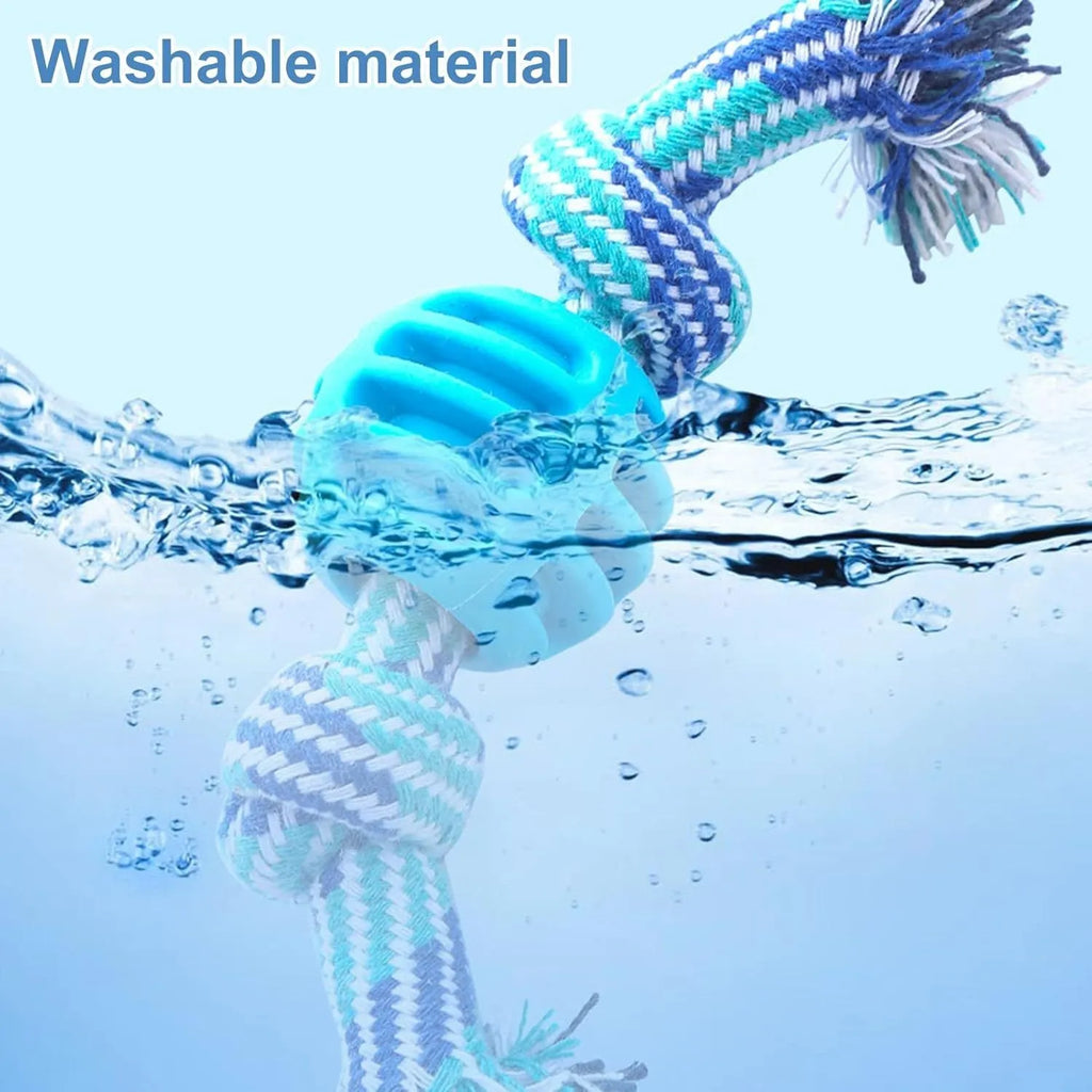Blue molar-shaped dog chew toy with rope elements for teeth cleaning and oral health