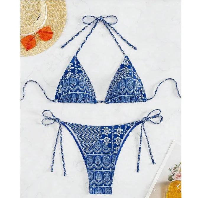 Women's bandage-style split bikini swimsuit with printing and stitching detail in multiple colours
