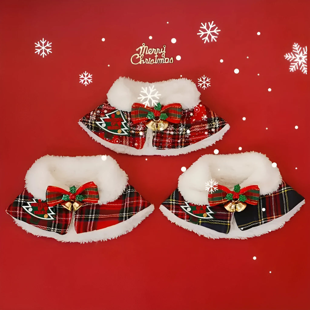 Pet festive scarf for cats and dogs in multiple sizes with snowflake bell and ball patterns on red and blue backgrounds