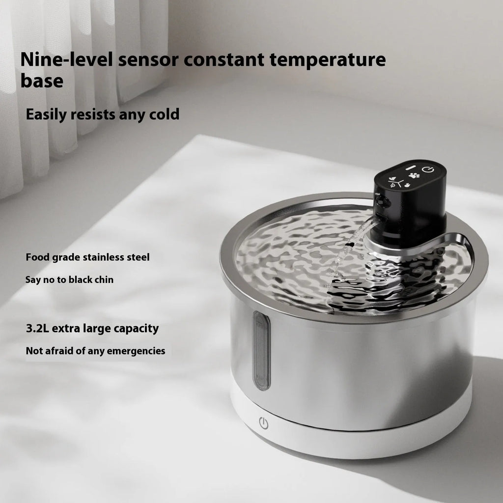 Stainless steel heated cat water fountain with temperature control base in white or black
