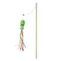 Cat wand toy with wooden handle and colourful ribbon, catnip fish, and bell attachments