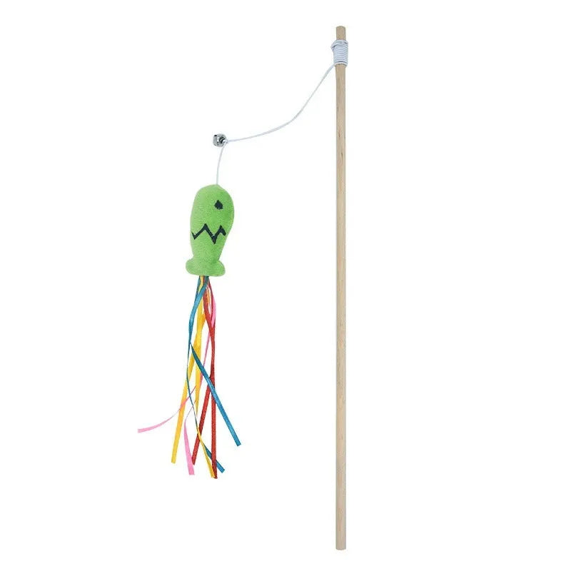 Cat wand toy with wooden handle and colourful ribbon, catnip fish, and bell attachments