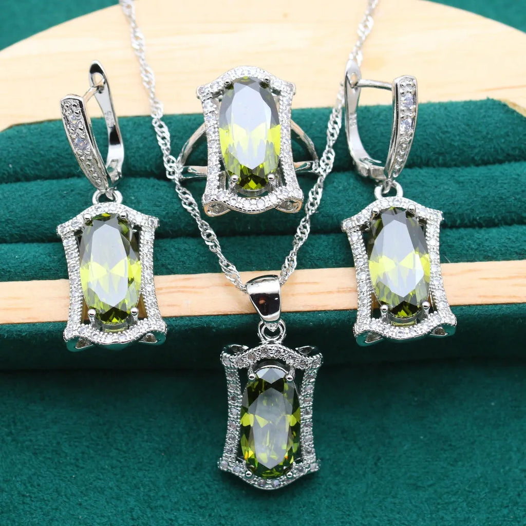 Anti-allergy zircon jewellery set with necklace, earrings, ring, and bracelet in yellow or olive colour.