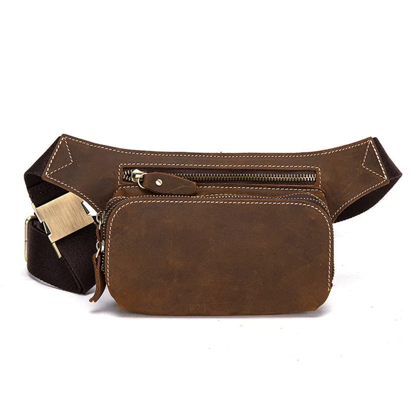 Brown cowhide leather men's sports waist bag with zip, shown with phone in internal pocket.