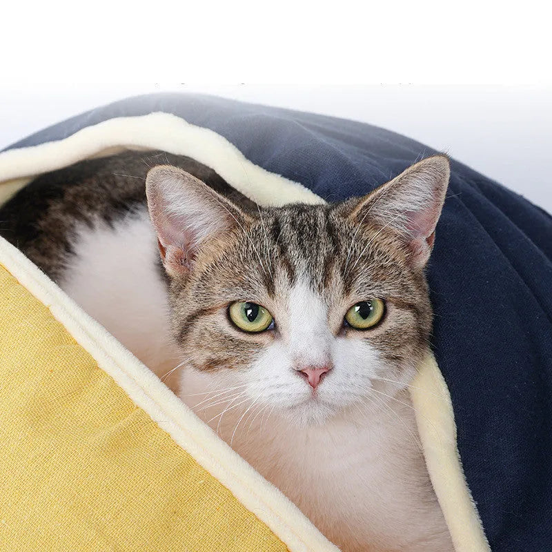 Round fan cotton and linen semi-enclosed pet nest for cats and small dogs, 55x60cm, in green