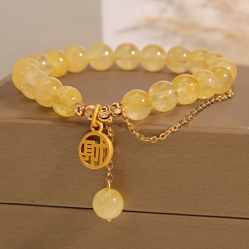 Natural citrine bracelet with Chinese character tassels in electroplated mixed materials