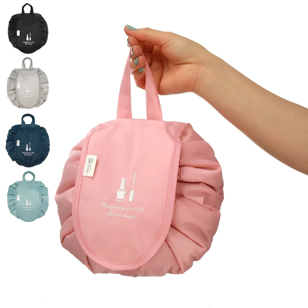 Large waterproof polyester drawstring makeup bag in cube shape for travel storage of cosmetics and toiletries