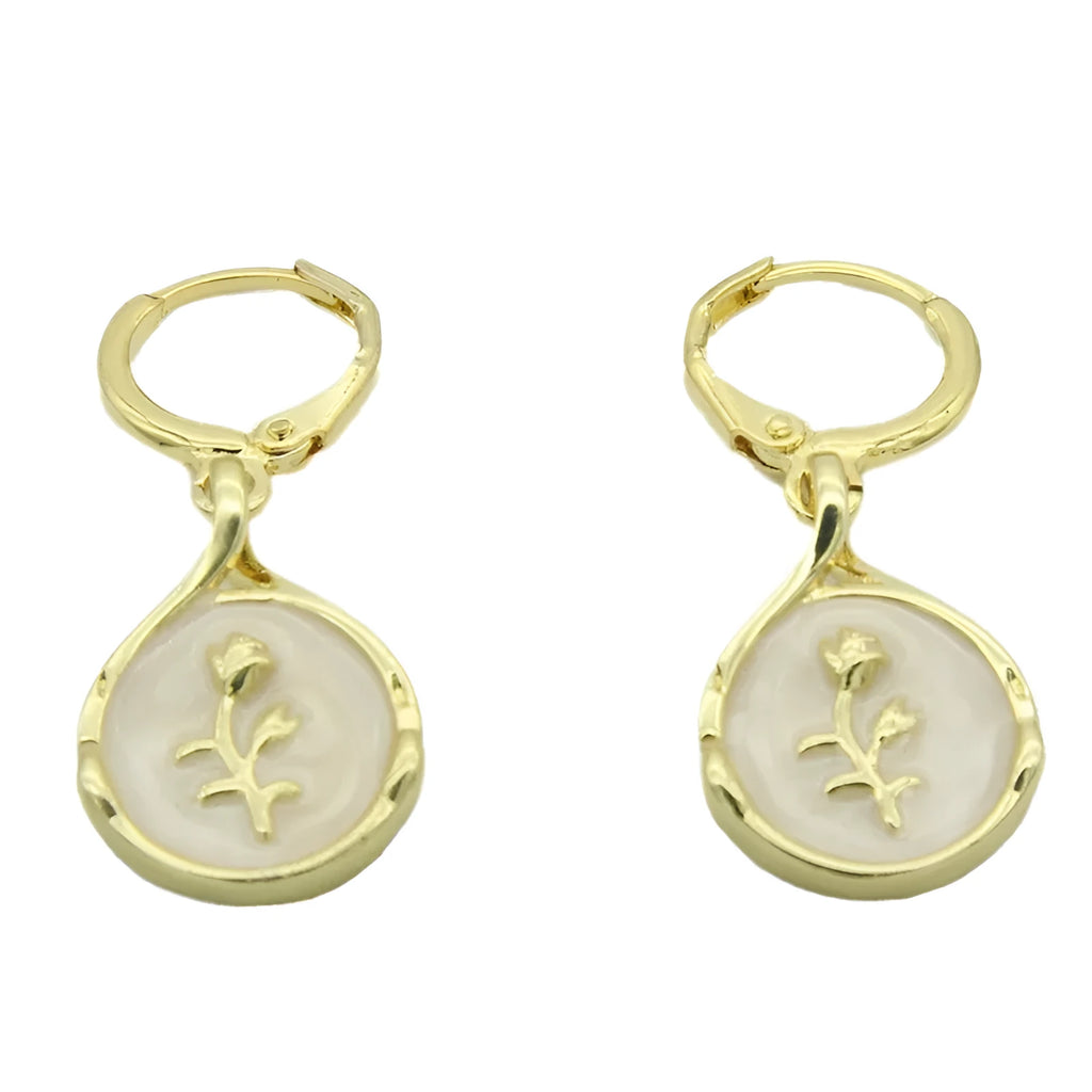 Drop-shaped rose inlaid shell earrings in brass with zircon, hoop and hook styles, cute floral teardrop design