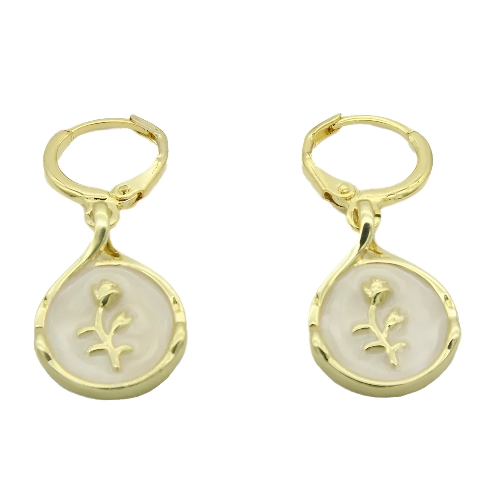 Drop-shaped rose inlaid shell earrings in brass with zircon, hoop and hook styles, cute floral teardrop design