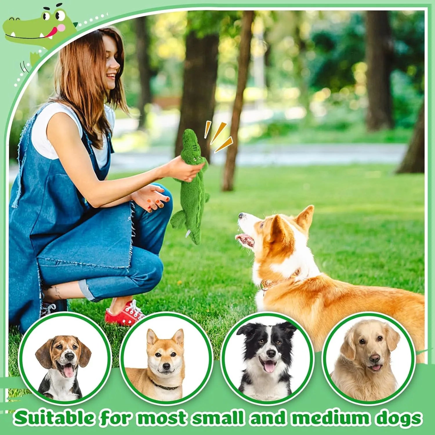 Green crocodile squeaky dog toy with no-stuffing design for aggressive chewers