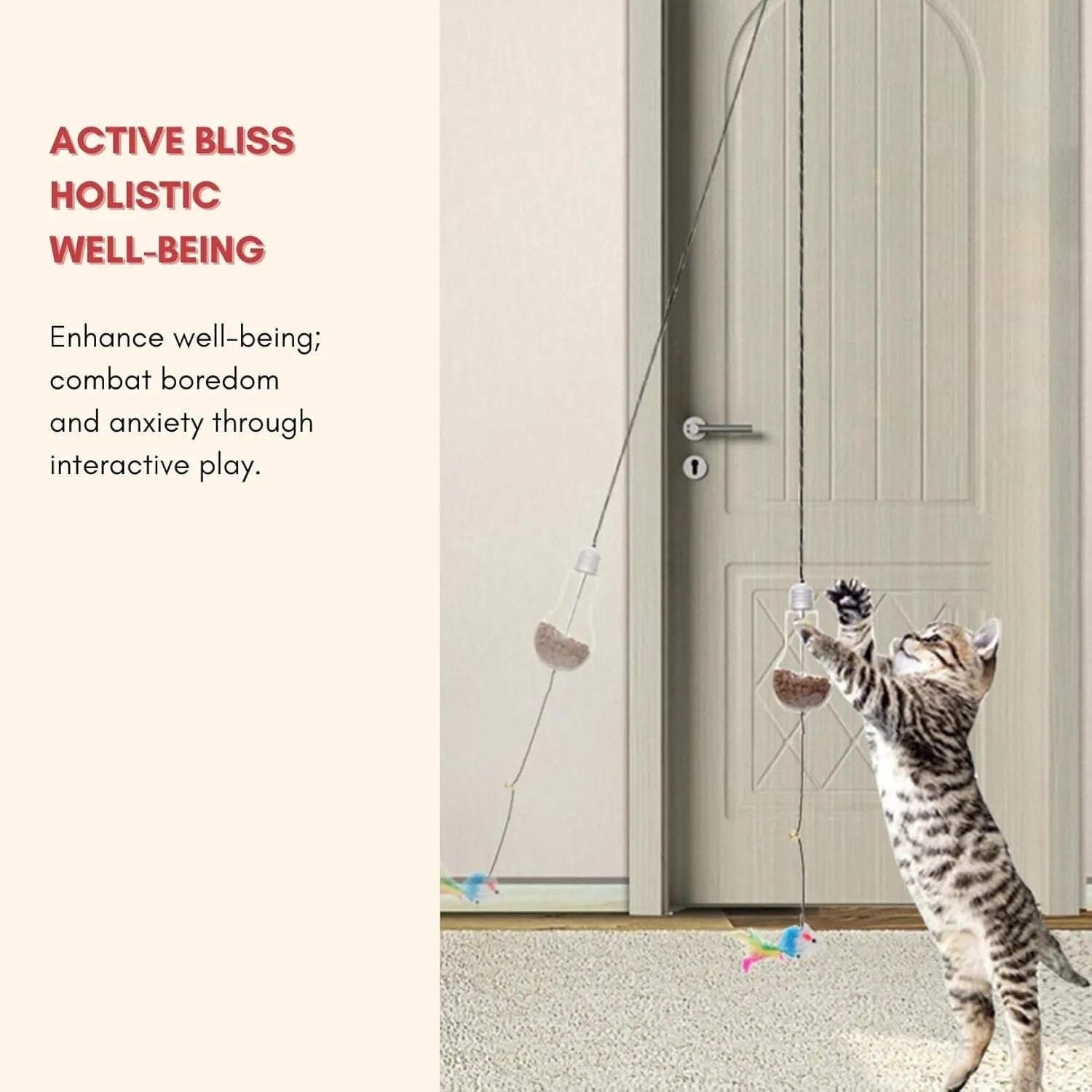 Interactive cat toy hanging from door frame with dangling mouse toy and elastic rope extending downward