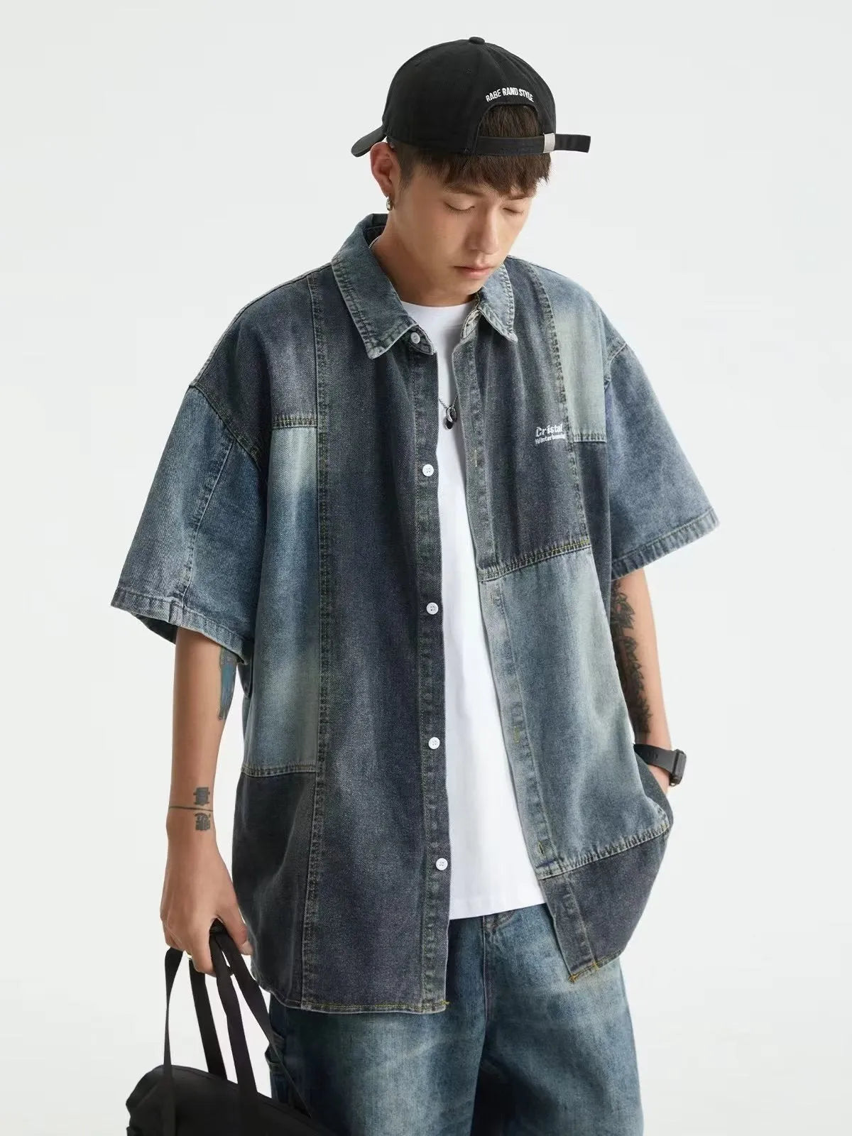 Blue Japanese-style men's denim shirt with retro washed stitching and loose cardigan fit.