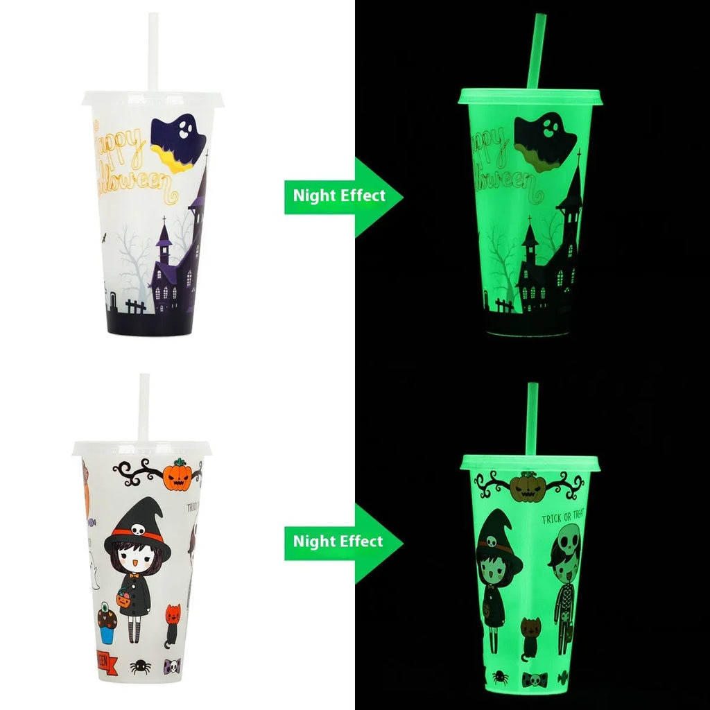 Halloween-themed luminous plastic straw cup with 720ml capacity and a red straw.