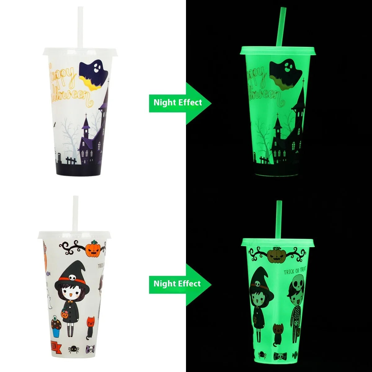 Halloween-themed luminous plastic straw cup with 720ml capacity and a red straw.