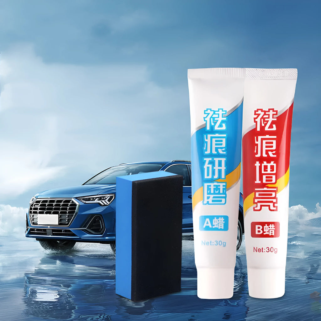 Car scratch repair wax kit containing A and B wax tubes with sponge applicator for paint polishing