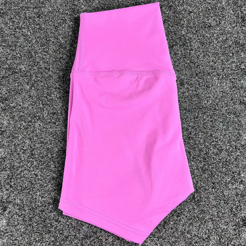 Women's high waist yoga shorts in nylon fabric, shown in multiple colours including pink litchi and electric blue.