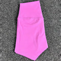 Women's high waist yoga shorts in nylon fabric, shown in multiple colours including pink litchi and electric blue.