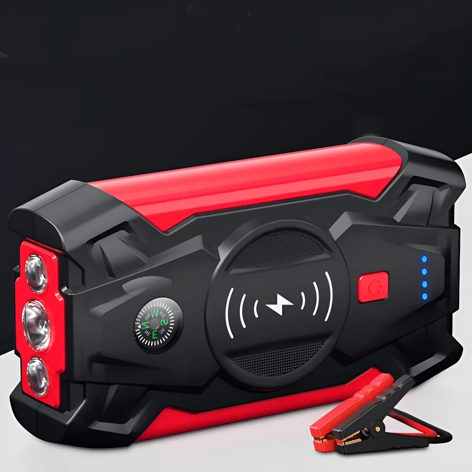 Red car emergency jump starter with thick battery clips and storage box showing 39800W power rating