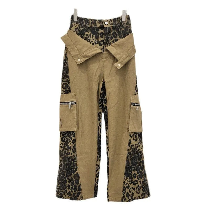 Retro high waist straight-leg jeans with leopard print tooling details on dark khaki denim