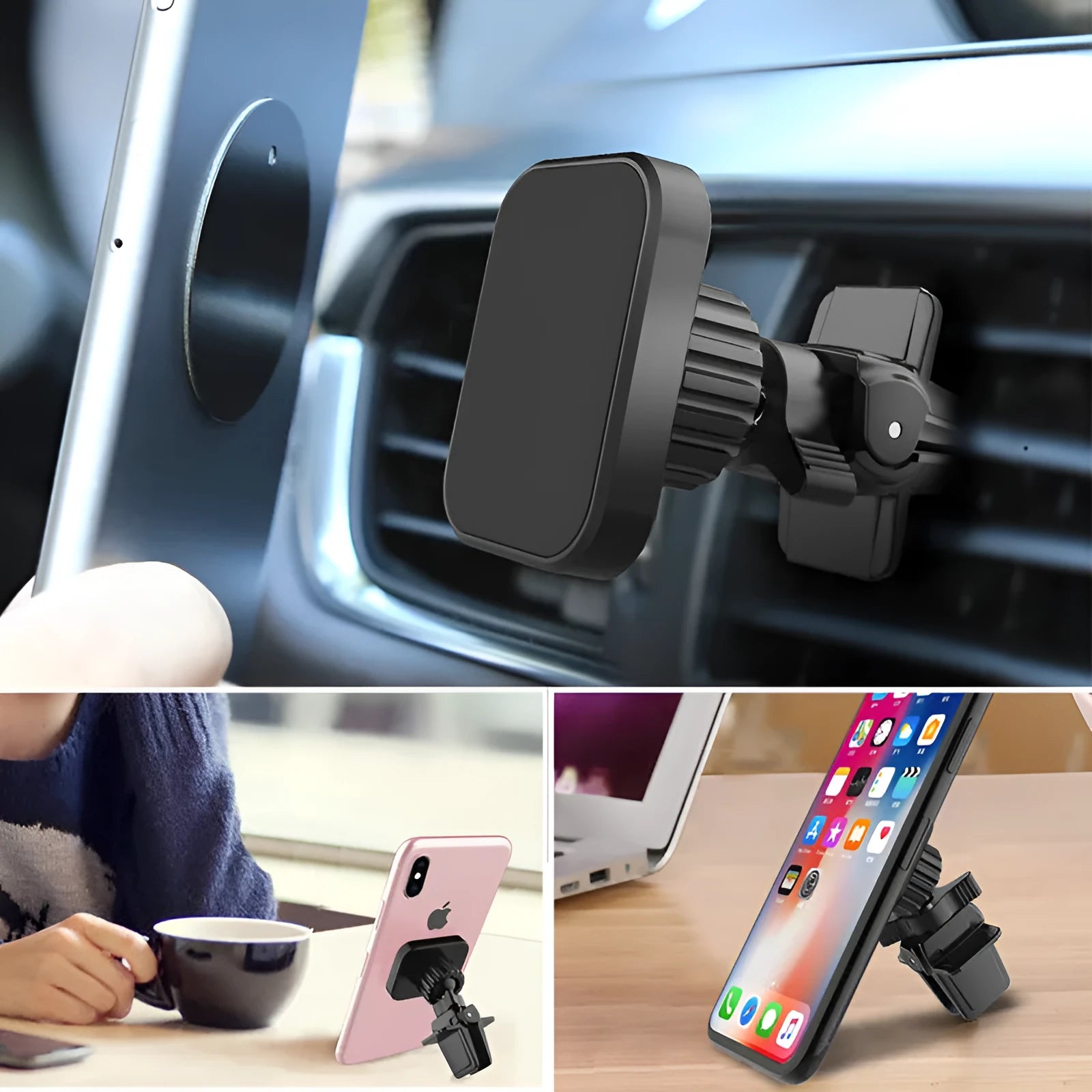 Black magnetic car phone holder mounted on vehicle air vent with smartphone attached