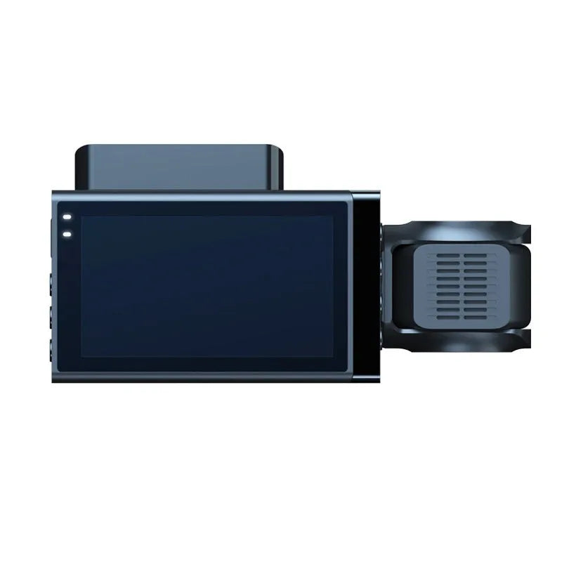 Black car dashboard camera with 5-inch screen, GPS, and mobile phone Wi-Fi interconnection.