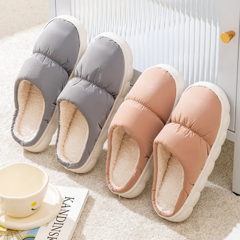 Blue winter house slippers with artificial leather upper, plush lining, and thick rubber anti-slip sole.