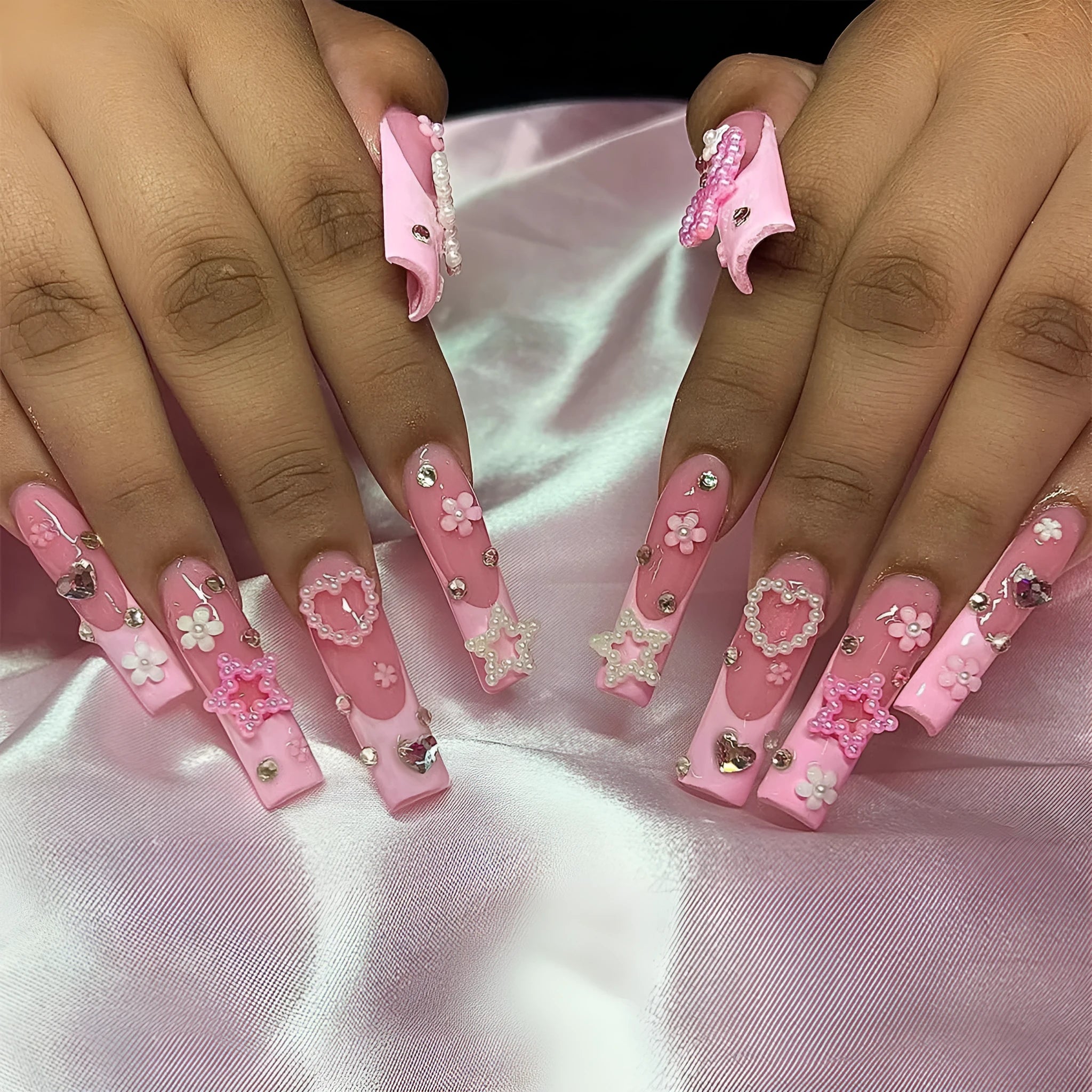 Nail art water pipe French tip drill bow decoration components in XB-70-48 colour with love pattern