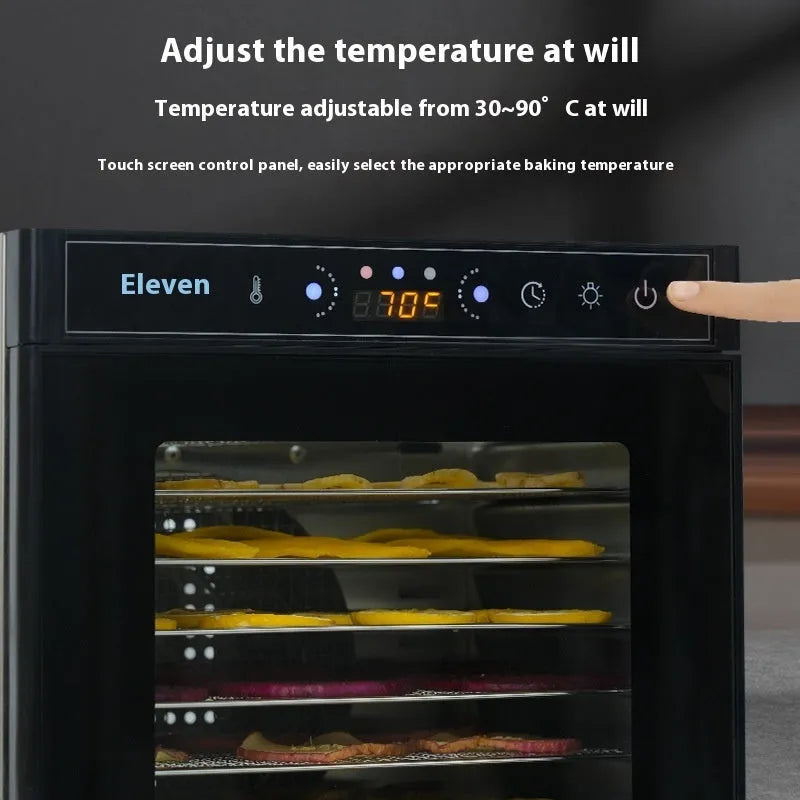 Stainless steel fruit dehydrator appliance with visual skylight top and multiple drying trays.