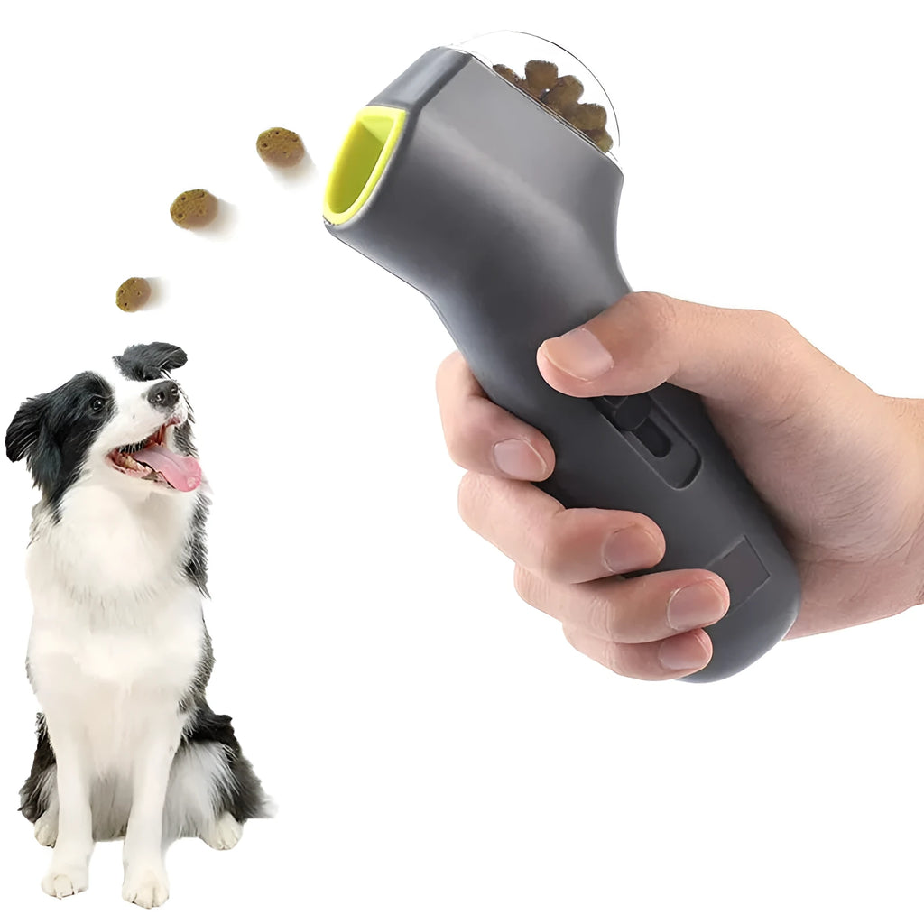 Grey pet snack catapult launcher measuring 18cm with spring trigger mechanism for outdoor training