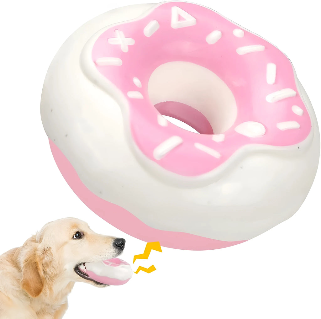 TPR donut dog toy in coffee colour with embossed surface for teeth grinding and hidden squeaker
