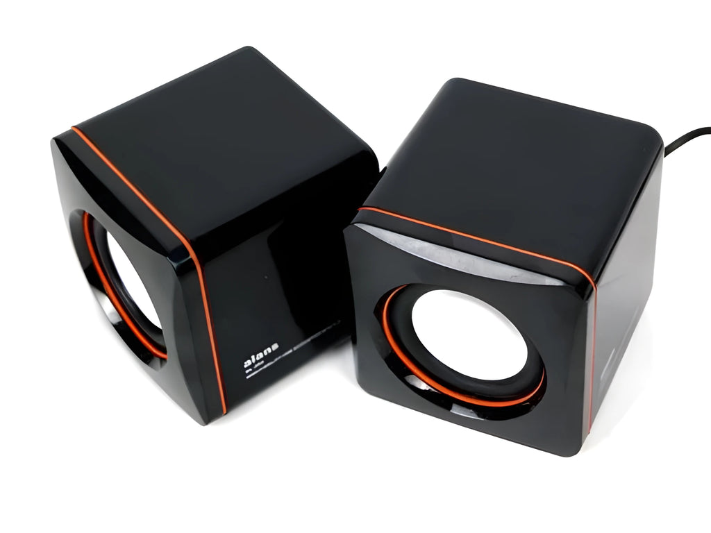 Black 2.0 small square desktop speaker with USB power cable for computers