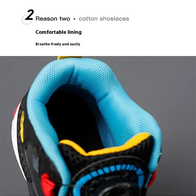 Children's rotating button basketball shoes in synthetic leather with PU sole, showing fastening system and colour options