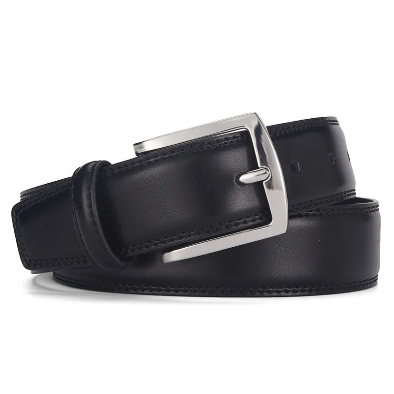 Men's classic black leather belt with a silver alloy pin buckle on a white background