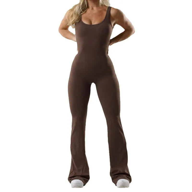 Women's milk silk yoga bodysuit jumpsuit with built-in chest pads in black colour